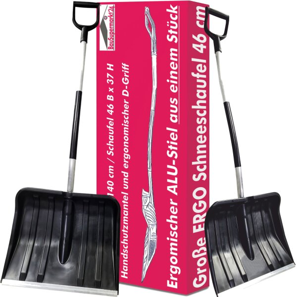 Grosse Schneeschaufel mit ergonomischen Alu-Stiel Schneeschieber 46 x 140 cm