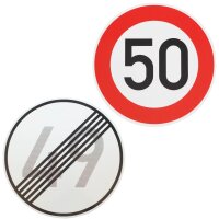 Verkehrszeichen Ende 49 km/h und Beginn 50 km/h zum...